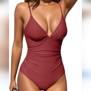 Cupshe One Piece Tummy Control V-Neck Swim Suit, L, Deep Red/Crimson